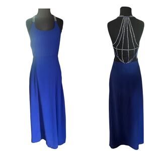 Y2K Minuet Blue Rhinestone Beaded Statement Back Chiffon Maxi Dress M Event